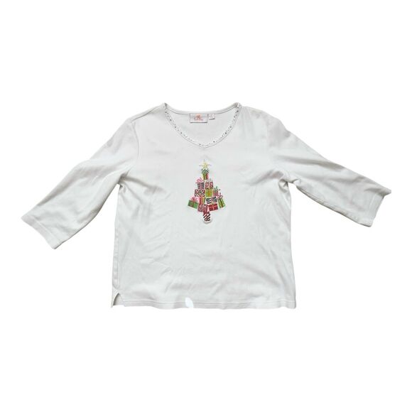 Quacker Factory Christmas Shirt Women's Medium Tree Presents QVC Sequins White - Picture 2 of 4